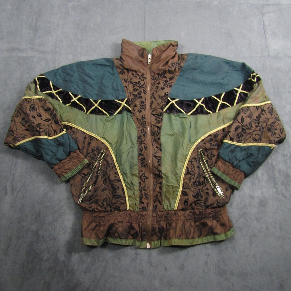 Clipper Bay Windbreaker Jacket Women S Brown Floral Velvet Trim Vintage Zip Up